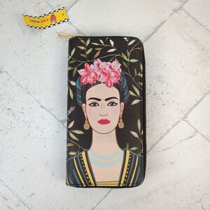 Frida Kahlo Women’s Tri-Fold Wallet Black and Pink Floral Pink Pvssy NEW